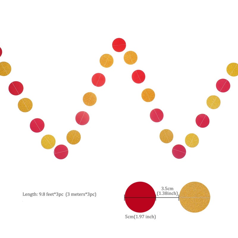 Weven Red and Gold Glitter Paper Garland Circle Dot Party Banner Streamer Backdrop Hanging Decorations for Baby Shower Birthday Wedding Dessert Table Decoration, 2" in Diameter, 3 pcs, 30 Feet in Total - Image 3